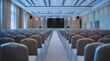 A spacious conference hall with rows of empty chairs and a stage in the background.