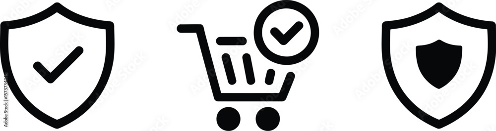 Poster isolated shopping cart with checkmark and two shields on a gray background