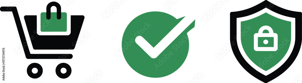 Poster Shopping cart with bag check mark and security shield on a light background