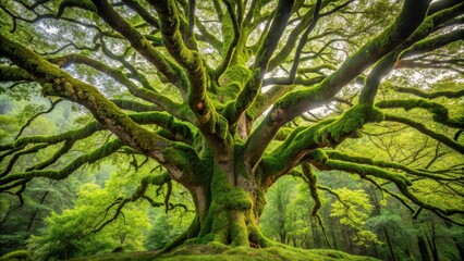 Old tree with moss growth on trunk and branches