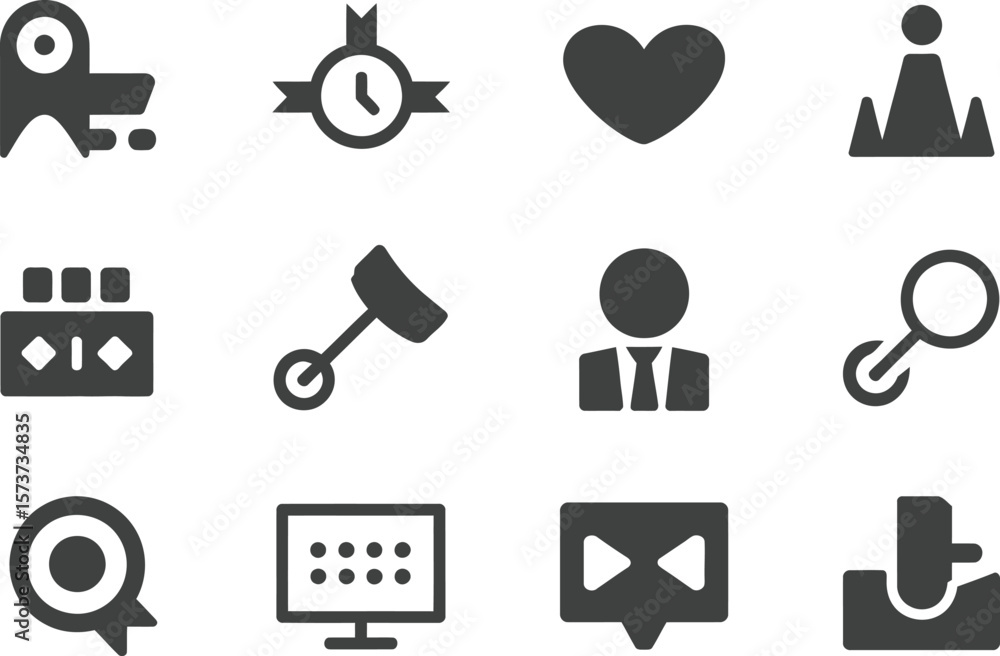 Aufkleber twelve dark gray icons arranged in a grid pattern on a white background