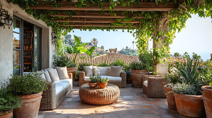 Mediterranean Rooftop Terrace with Greenery and Wicker Furniture Decor