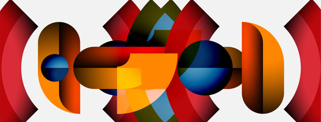 Obraz premium Abstract composition. Geometric shapes overlap, creating vibrant color contrasts. Red dominates, accented by blue, orange, yellow elements.