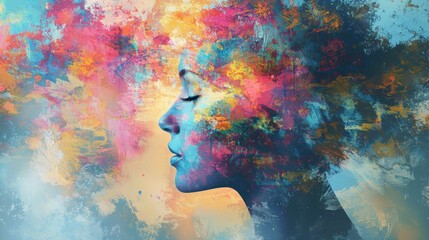 A colorful, abstract painting of a woman's profile with a vibrant, multicolored background.