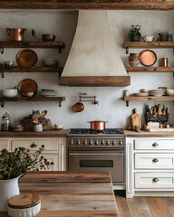 Rustic French Country Kitchen with Wooden Shelves and Warm Ambiance