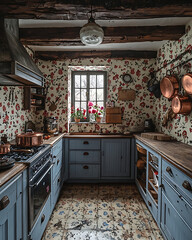 Charming Country Kitchen with Floral Wallpaper and Rustic Accents