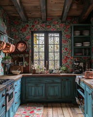 Cozy French Country Kitchen with Floral Wallpaper and Wooden Accents