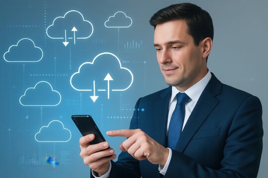 A businessman uses a smartphone to manage cloud computing, symbolizing efficient data management