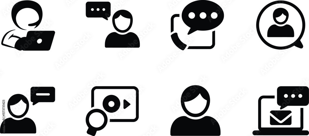 Poster a set of eight communication and user interface icons in black and white