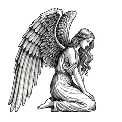 Gothic Illustration of Kneeling Angel with Wings Transparent Background