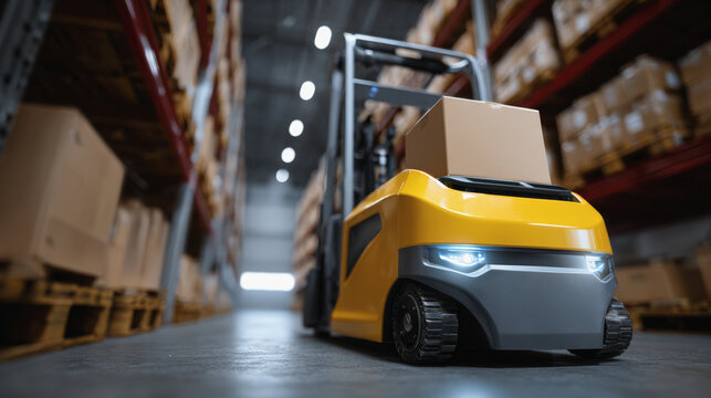 Efficient warehouse with yellow electric forklift transporting boxes on pallet, showcasing modern logistics and automation