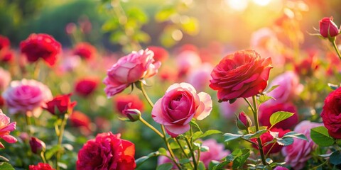 Obraz premium A serene field of red and pink roses sways gently in a soft