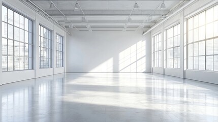 A spacious, white, empty room with large windows and exposed beams, creating a modern and minimalist aesthetic.