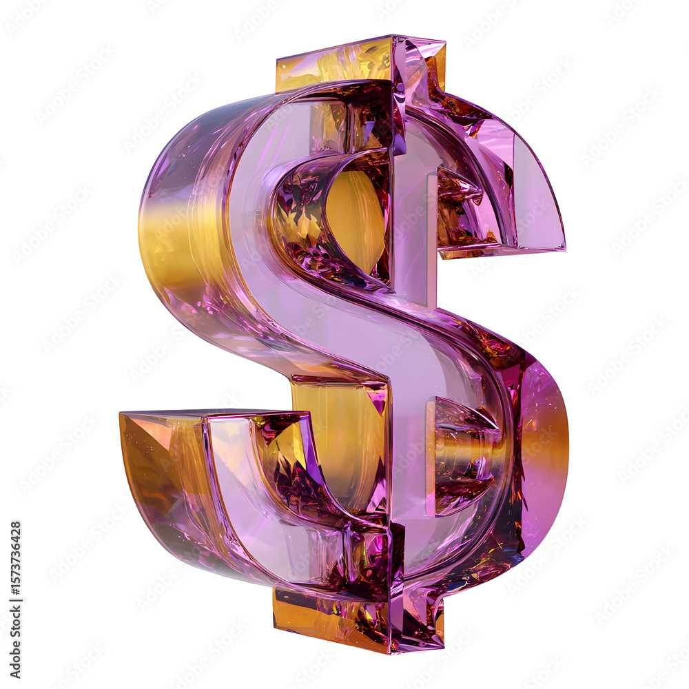 Poster captivating 3d rendering of a transparent crystal dollar sign in a bold vibrant color scheme of purp