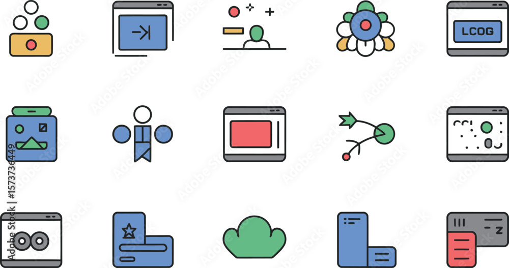 Poster a collection of various colorful flat design icons arranged on a light background