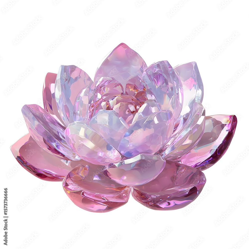 Poster a vibrant layered crystal lotus flower in soft pastel tones with a delicate glossy texture and cente