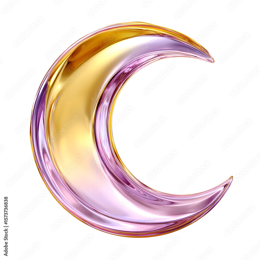 Poster a captivating 3d render of a glowing crescent moon shape in a vibrant golden yellow hue with a soft 