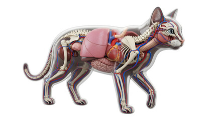 Cat anatomy diagram feline internal organs skeletal system cardiovascular system veterinary science study aid on transparent background
