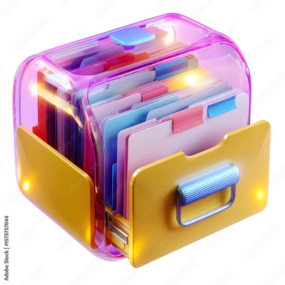 Poster a vibrant 3d rendered file drawer made of transparent colored plastic containing organized digital d