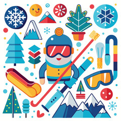 Winter Wonderland Skiing, Snowboarding, and Festive Fun! A Colorful Illustration of Winter Sports and Holiday Cheer