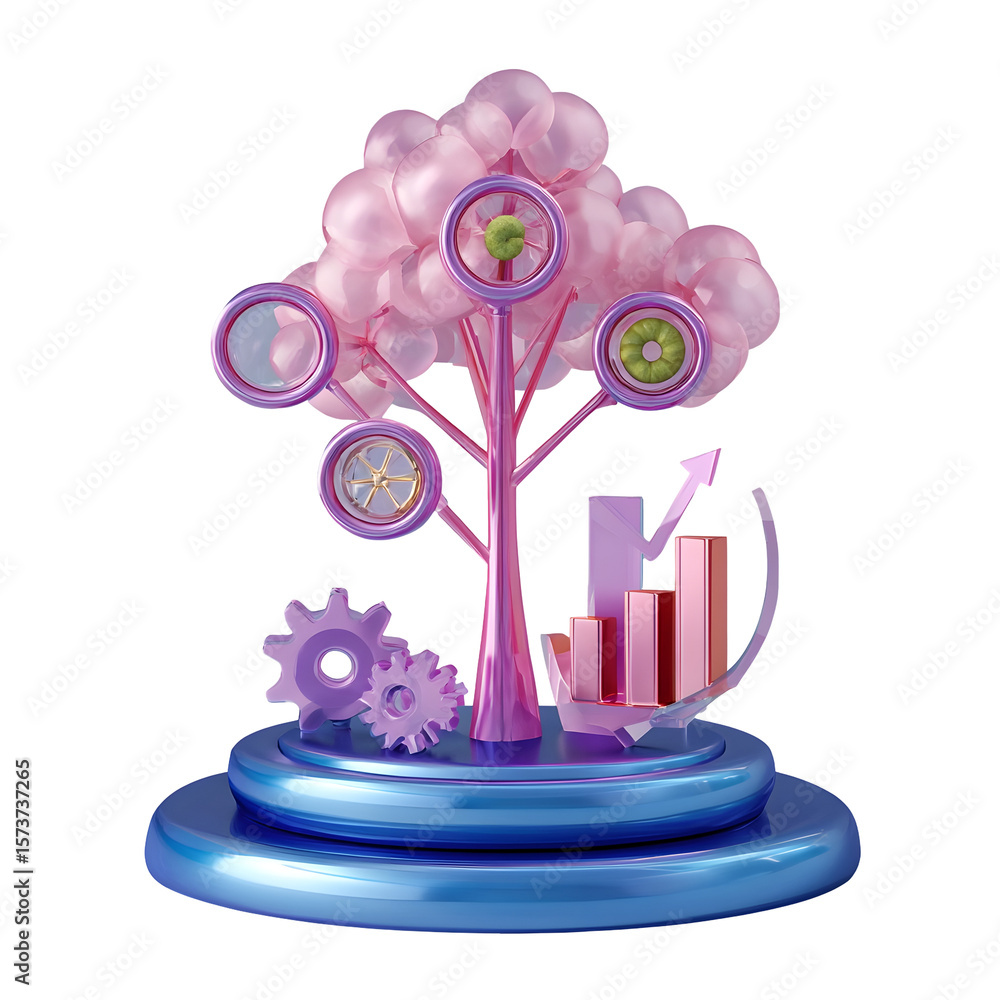 Poster a pastel colored futuristic 3d tree sculpture showcasing circular icons representing business analyt