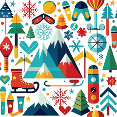 Winter Wonderland A Festive Collection of Mountains, Snowflakes, and Winter Sports Icons