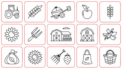 Fototapeta premium Collection of simple black and white line art icons representing farming and agriculture including a tractor barn and various crops