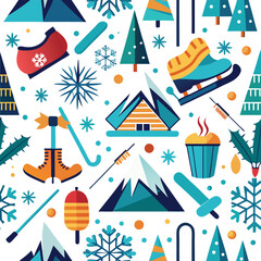 Winter Wonderland Seamless Pattern Festive Snowflakes, Mountains, and Winter Sports Icons