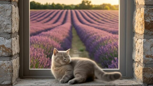 Gray British Shorthair at the Lavender Window
A chubby solid gray British Shorthair kitten sits on a stone windowsill, framed by blooming lavender and golden sunset.