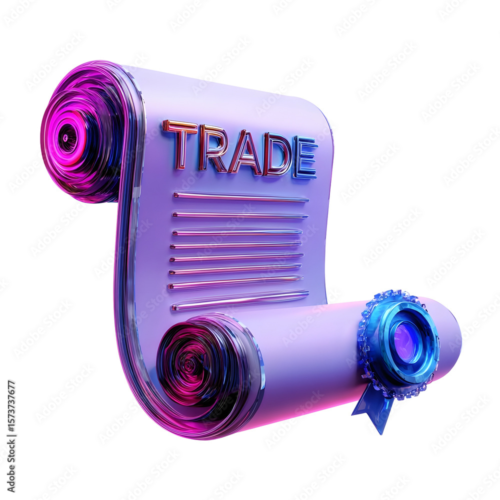 Poster bright stylized 3d rendering of a purple and pink crystal like trade agreement document icon on a cu