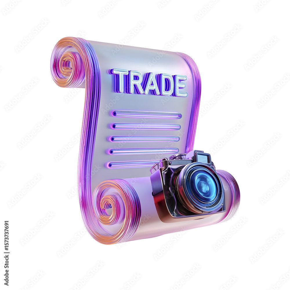 Poster a colorful transparent 3d render of a trade agreement document icon displayed on a curled scrolling 