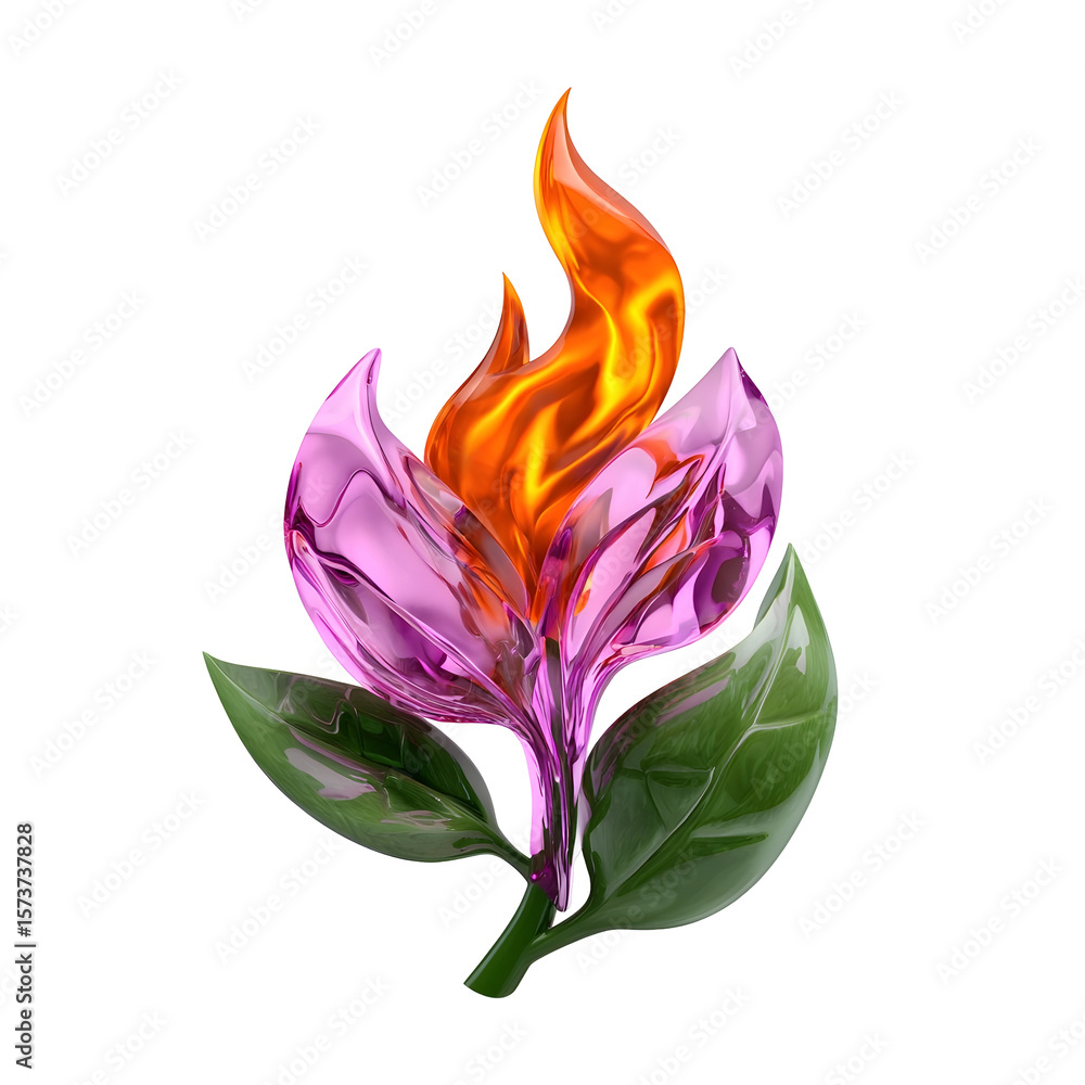 Poster stylized digital rendering of a flame and leaf hybrid icon with a bright orange flame emerging from 