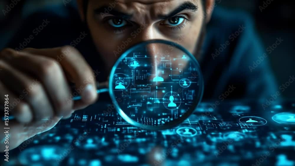 Poster cyber security vigilance: a determined individual peers intently through a magnifying glass, examini