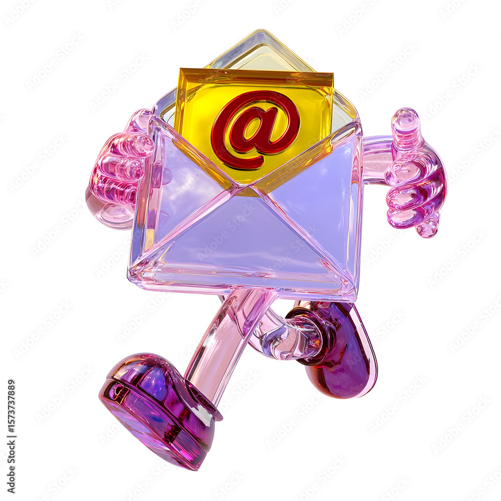 Poster colorful and translucent 3d rendered crystal character representing a digital mail or email icon wit