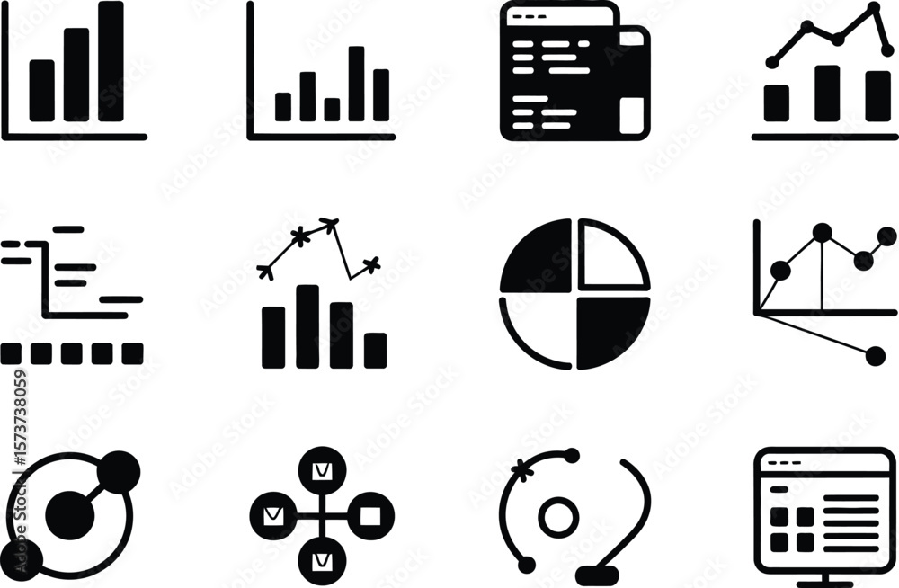 Poster illustration of various data visualization icons including charts and graphs set up