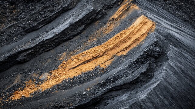 Close Up of Black Coal Surface with Gold Mineral Deposits in Natural Setting