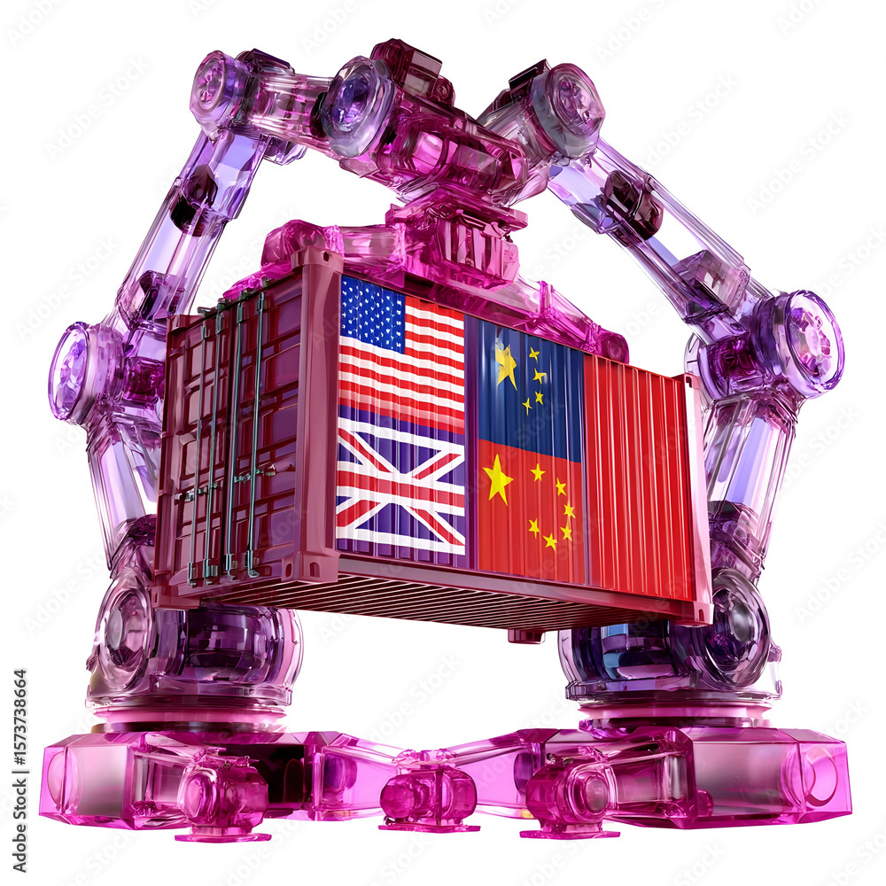Poster futuristic 3d rendering of robotic mechanical arms lifting a shipping container decorated with the f