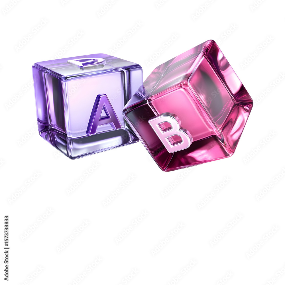 Poster translucent pastel colored crystal cubes labeled a and b against a white background symbolizing ab t
