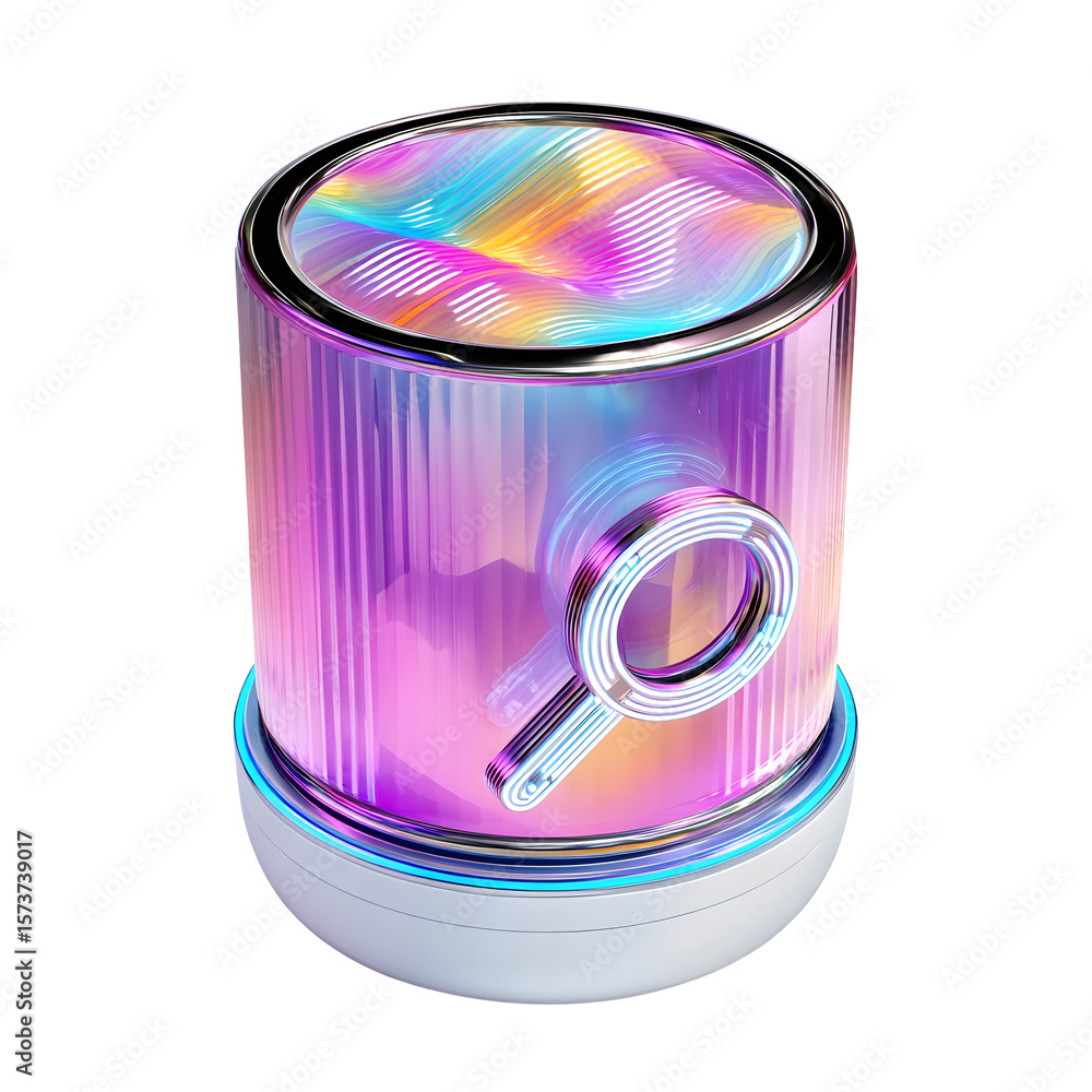 Poster a futuristic holographic smart speaker with a crystalline iridescent gradient design and a magnifyin