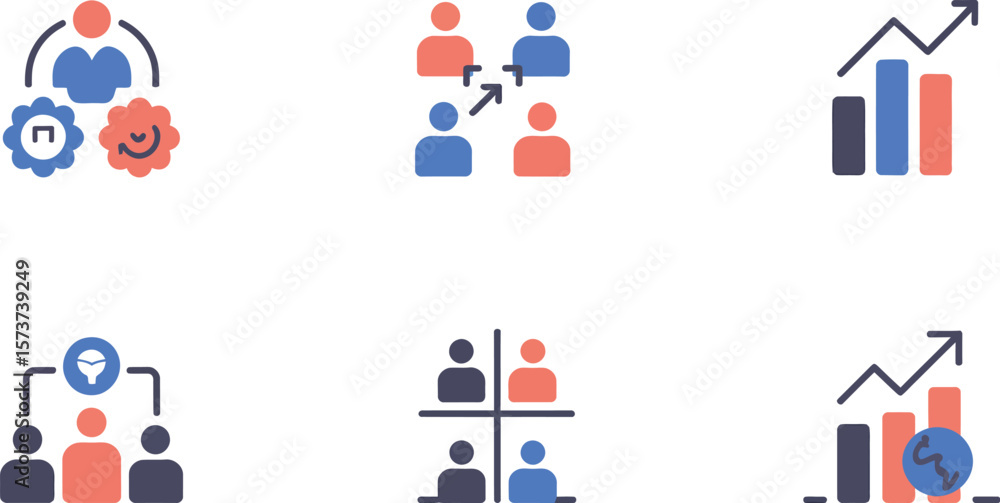 Poster a collection of six business and management icons arranged in a grid format