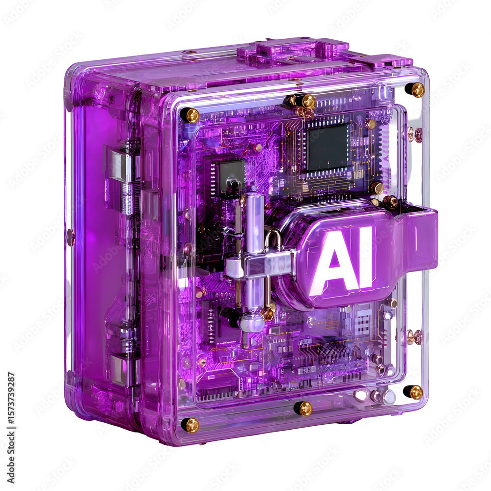 Aufkleber a transparent illuminated data vault icon featuring a geometric futuristic purple circuit board desi
