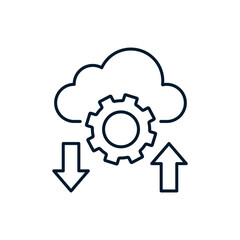 Cloud, gear, arrows. Concept of data exchange in storage. Vector linear icon isolated on white background.