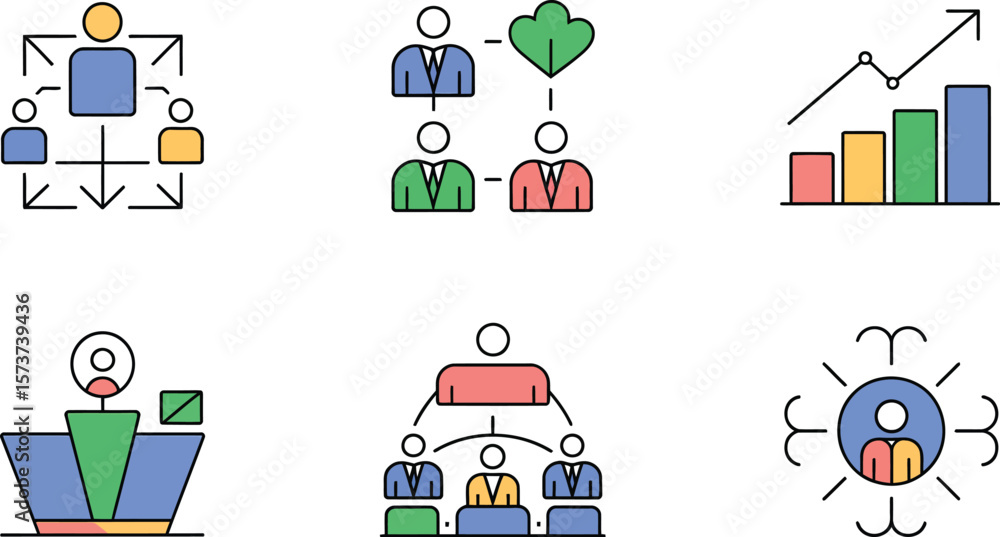 Poster illustration of business process and structure diagrams in a flat design style