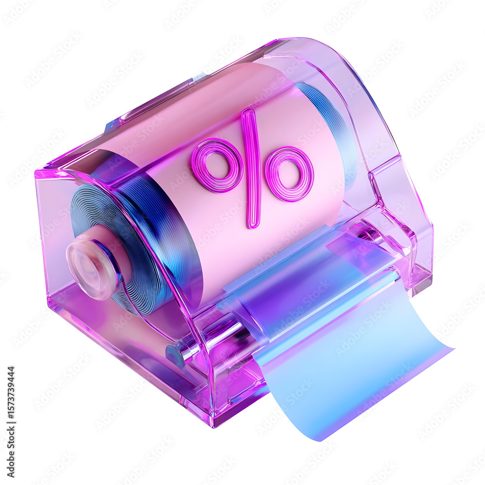 Poster vibrant 3d rendering of a transparent crystal like receipt printer with a prominent percentage symbo