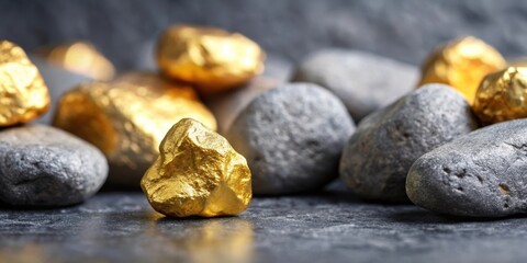 A single golden nugget is set against a backdrop of gray stones, conveying a sense of success and achievement in a sea of dullness , gray stones, isolation