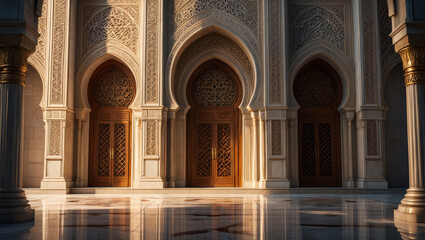 Obraz premium Grand entrance with intricate arches ornate doors and polished marble reflecting golden light.