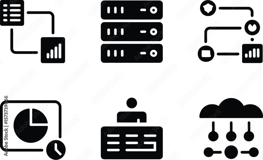 Poster a collection of six black and white data and networking related icon illustrations