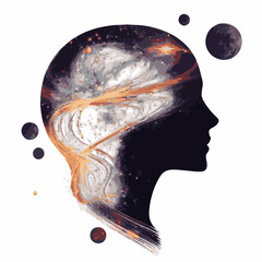 The boundless universe unfolds within the silhouette of a human head, an illustration that visualizes a vast cosmos and the depths of human imagination, a journey through the cosmos.