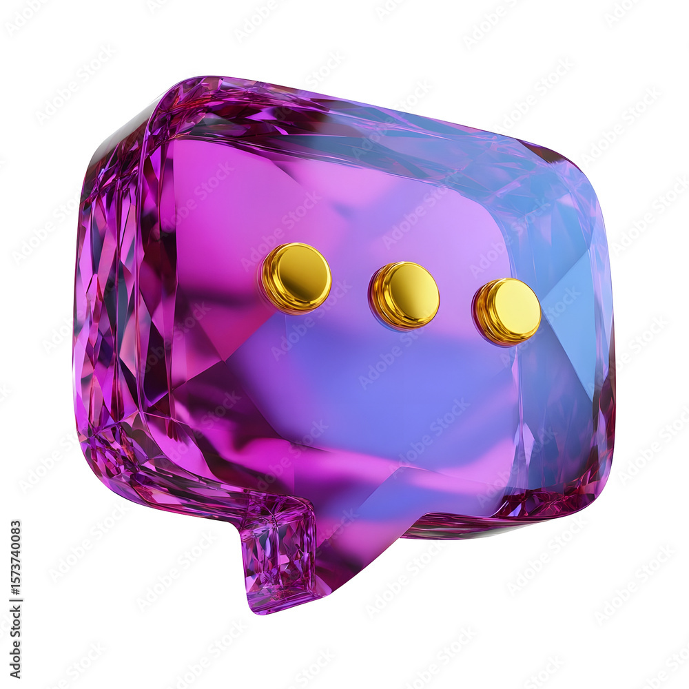 Poster iridescent faceted purple crystal speech bubble with three golden metallic dots representing a digit