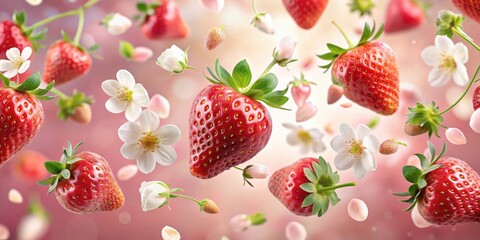Strawberries falling gently on a pink floral background with delicate white petals and subtle green stems, floral arrangement, flying